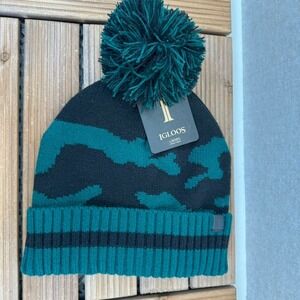 Igloos Ladies Camo Pom Pom Beanie Hat Teal Black Winter Warm Knit